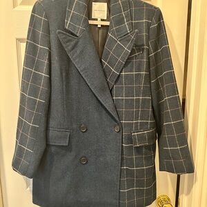 Avec Les Filles Navy Checkered Double-Breasted Blazer